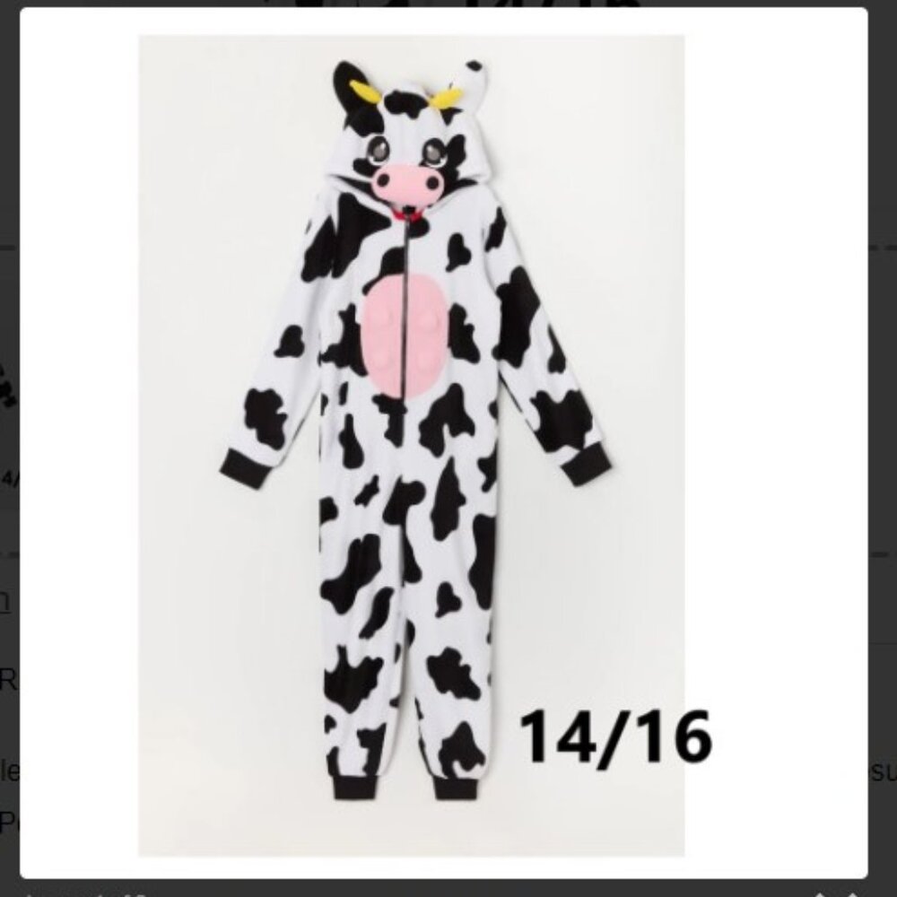 Brand New Funsie Onesie Kids Cow Costume PJ Play - Kids size 14/16 Halloween Fun